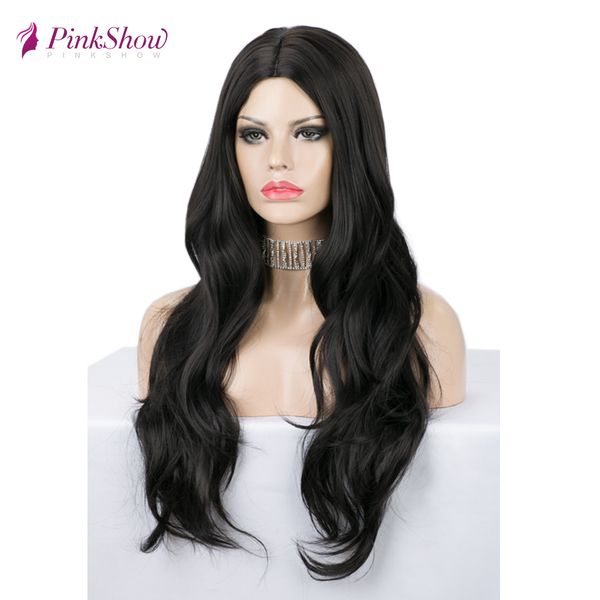 

pinkshow long black wigs for black women wavy synthetic wig middle part natural hairline heat resistant fiber cosplay wig