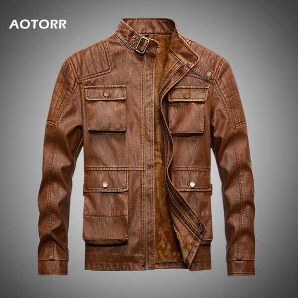 

leather jacket men motorcycle men pu outerwear faux fur jacket fleece winter warm zipper male coat 2019 veste homme, Black;brown