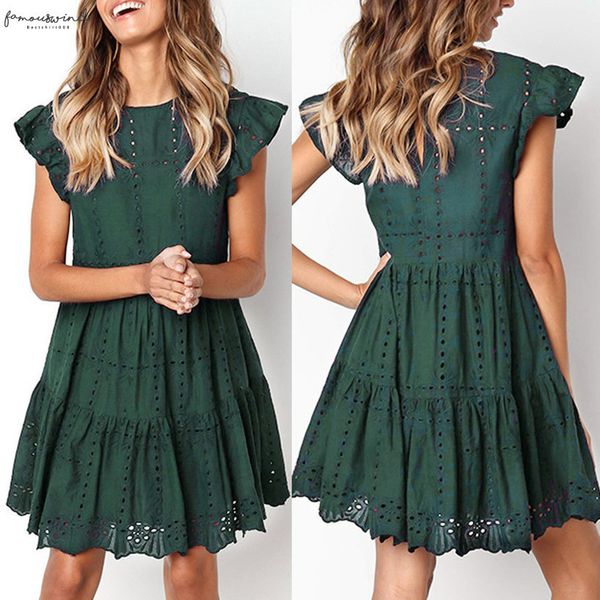 

hollow out ruched a line mini dress woman ruffles sleeve beach dress woman basic o neck dresses summer sukienka vestidos, Black;gray