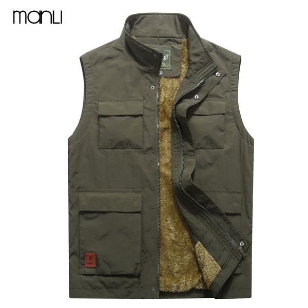 

manli brand 2018 autumn winter men coat warm sleeveless jacket multi pocket vest men coat fleece army green waistcoat jeep vest, Gray;blue