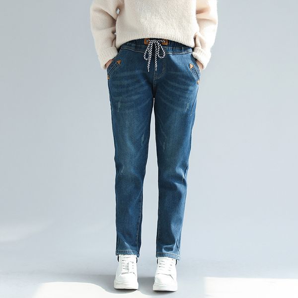 

elastic waist golden fleece lined plus size harem denim pants jeans for women 4xl 5xl 6xl 7xl, Blue
