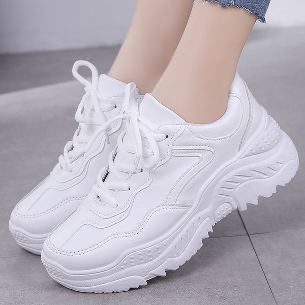 

2019 new platform casual shoes flats solid white vulcanized shoes woman chunky sneakers women loafers leather plus size 42, Black