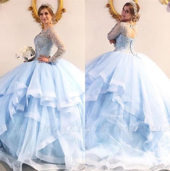 

небесно-голубой тюль quinceanera платья 2020 вышитый камни top бальное sheer с длинным рукавом поезд стреловидности партии принцессы пром пл, Blue;red