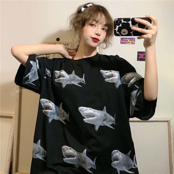 

national fashion t-shirt 2020 loose national skirt long skirt short sleeve and women's shark printing medium and long women's dres, White