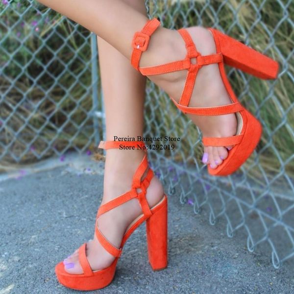

orange lace up platform chunky heels sandals peep toe cross buckle strap dress shoes cut-out suede party shoes drop ship, Black