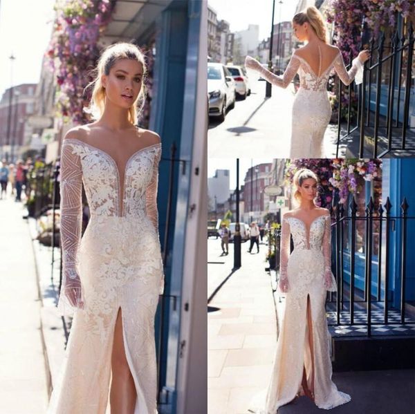

берта 2019 шампанское свадебные платья сексуальная с плеча спереди сплит спинки свадебные платья с длинными рукавами аппликация boho русалка, White