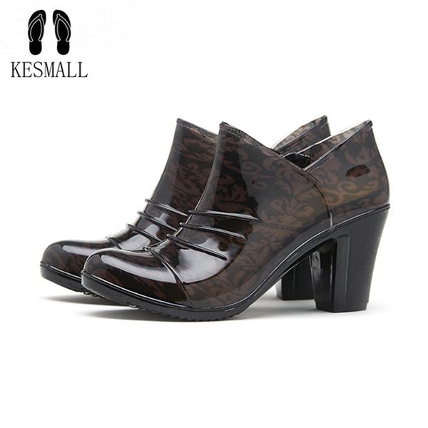 

kesmall women ankle rain boots waterproof pvc high heel rain shoes rubber anti-slip boots flower soft zip women shoes w269, Black