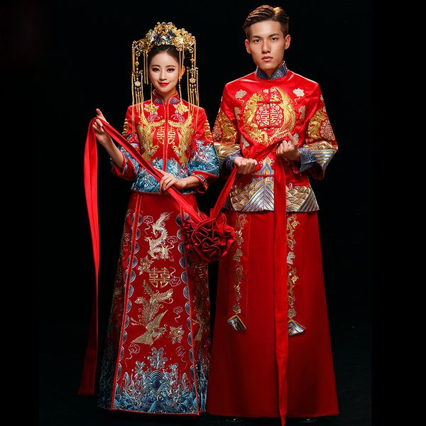 

red chinese style wedding married dress dragon and phoenix loading men and women traditional hanfu embroidery ancient costume