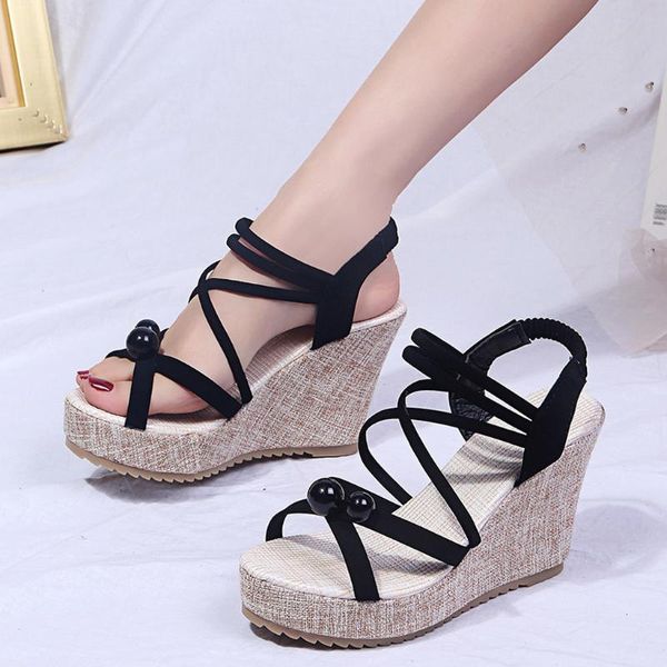 

shoes woman leather wedges elastic band summer sandals open toe solid plus size slip-on women shoes zapatos de muje, Black