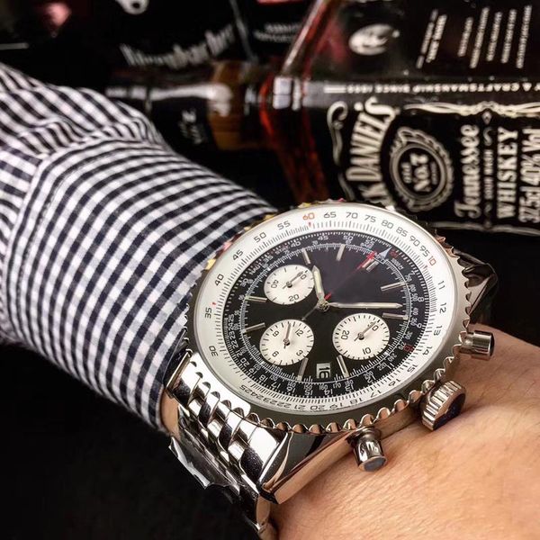 

2019 new fashion quartz os movement 1884 navitimer chronograph watch men sapphire crystal black dial stainless band male watch montre homme, Slivery;brown