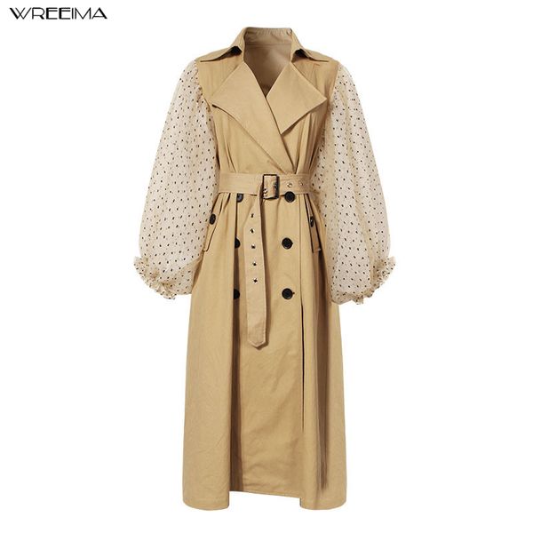 

wreeima 2019 autumn casual women long coat puff sleeve overcoat loose outwear double-breasted female winter autumn trench coats, Tan;black