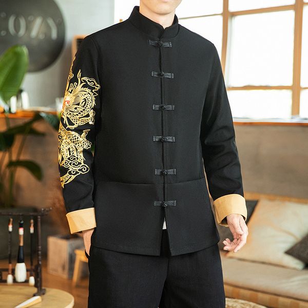 

2019 китайского стиль вышитой осени одежда куртка мужской молодежная frog кардиган стенд воротник с длинным рукавом льняной куртки, Black;brown