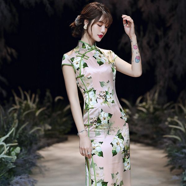 

elegant long qipao women satin party prom dress mandarin collar print flower cheongsam high split chinese traditional vestidos, Red