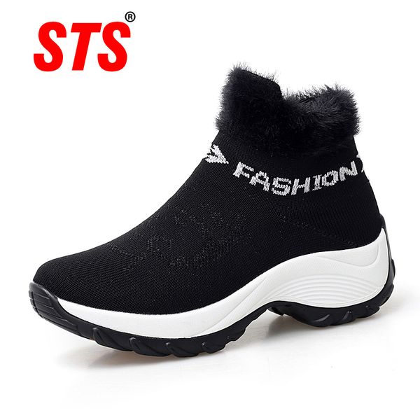 

sts 2019 new winter ankle boots women snow boots warm plush platform sneakers breathable mesh sneakers travel casual shoes, Black