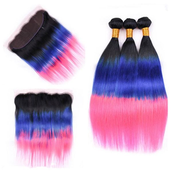 2019 Straight 1b Blue Pink Ombre Full Lace Frontal Closure 13x4