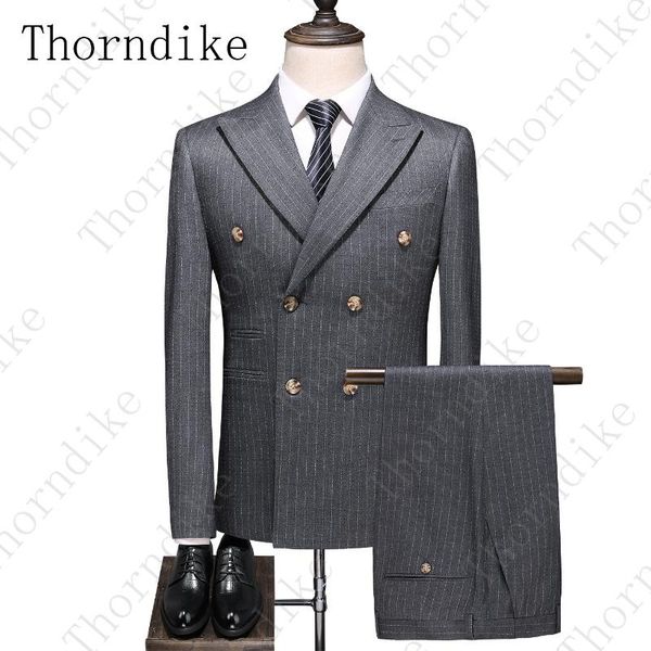

thorndike 2020 suit men casual dress grey stripe business suit men for wedding 3 pieces (jackets+vest+pants, White;black