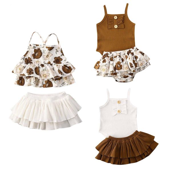 

0-24m infant baby girl clothes sets sleeveless sling romper+floral print tutu skirt outfit sunsuit, White