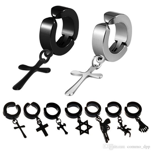 

new stainless steel hypoallergenic no pierced dangle earrings for men women punk cross star pistol drop clip on earring fashion jewelry, Silver