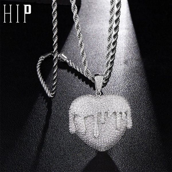 

hip hop bling shiny iced out micro paved cz heart drop necklaces & pendants for men rapper jewelry with tennis chain, Silver