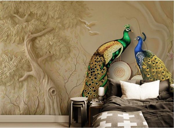 

3d embossed big tree peacock background wall painting 3d murals wallpaper for living room