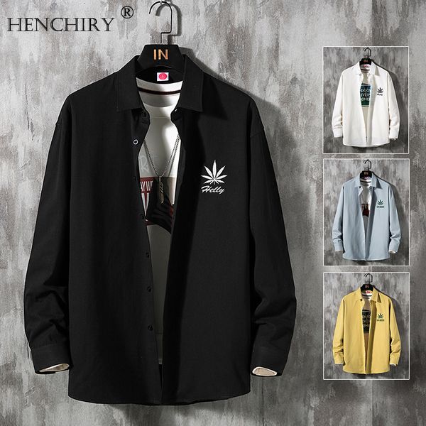 

henchiry ten colors youth fashion plus size shirts -5xl trend japanese cotton leaf print wild long-sleeved casual men's shirts, White;black