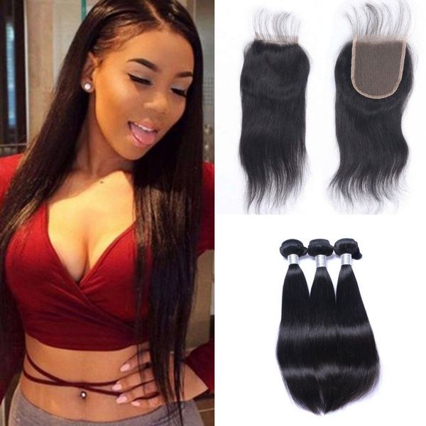 

перуанский straight пучки волос с closure 4x4 free часть человеческих волос кружева закрытия с 3 bundle natural color пинга, Black;brown