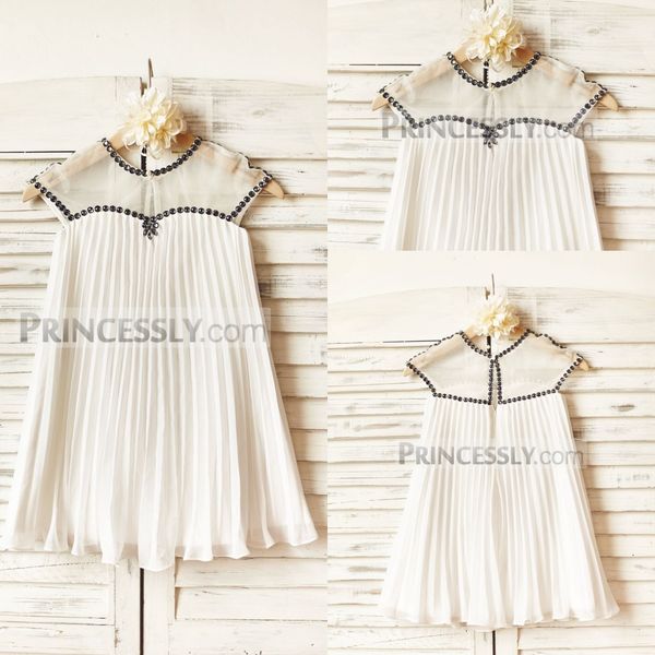 

lovely a line flower girl dress jewel neck short sleeve crystal wedding dress tea length girl' birthday part, White;blue