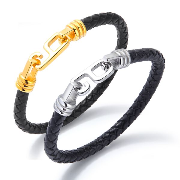 

pu leather bracelets for men sliver gold stainless steel retro style fashion hand chain mens jewelry for boys gifts, Golden;silver