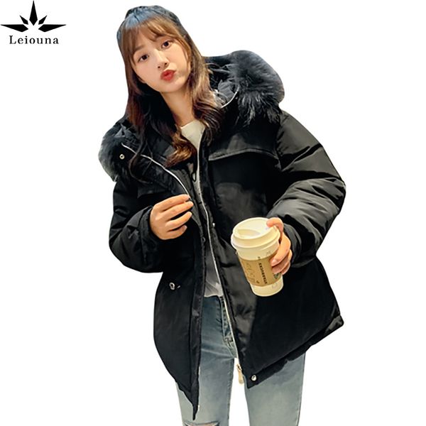 

leiouna winter new white warm parka fur hooded coat women solid slim casual streetwear cotton fashion jackets, Black
