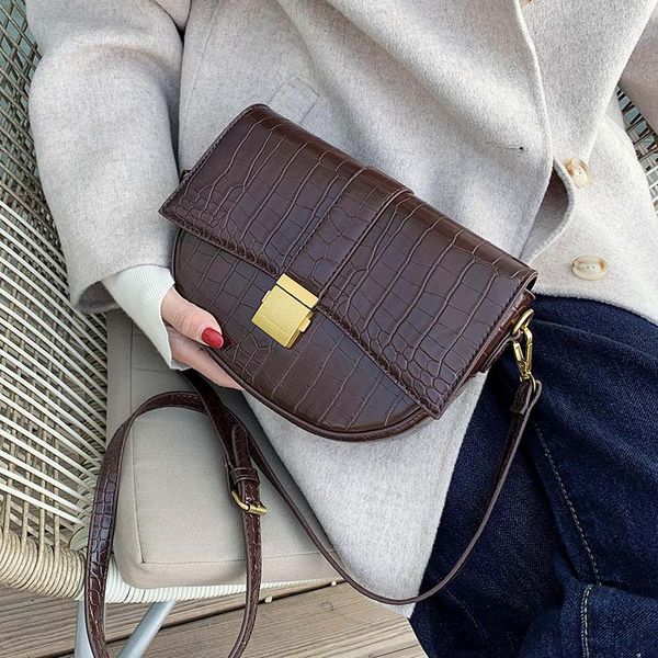 

stone pattern pu leather saddle bag for women 2019 small solid color shoulder messenger bag female crossbody handbags