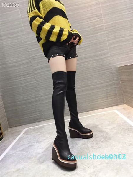 

thick-soled skinny boots female round toe stretch over the knee boots autumn winter new super high-heeled wedge heel stovepipe, Black