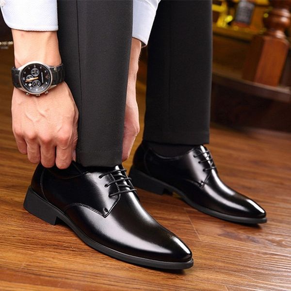

2019 new leather men brogues shoes lace-up bullock business dress men oxfords shoes male formal, Black