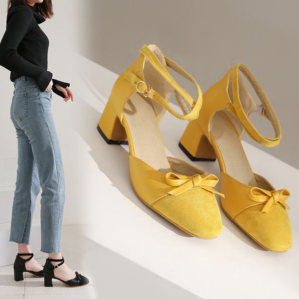 

ymechic summer 2020 new reach cross ankle strap block high heels party shoes woman yellow black flock bowtie womens pumps 34-43