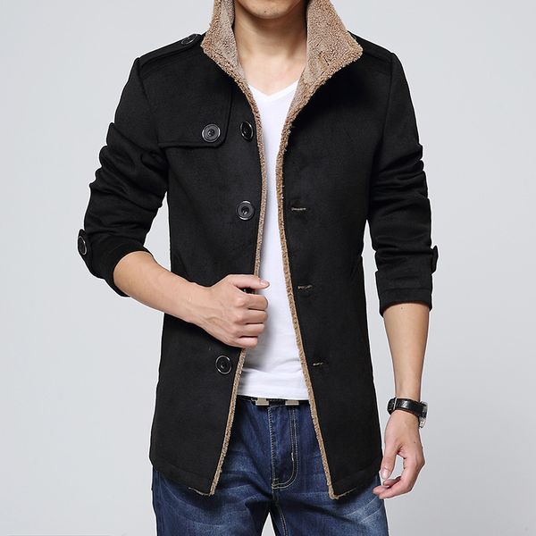 

men blended coat trendy warm fleece thick denim blended men casual spring autumn outerwear male stand collar, Black