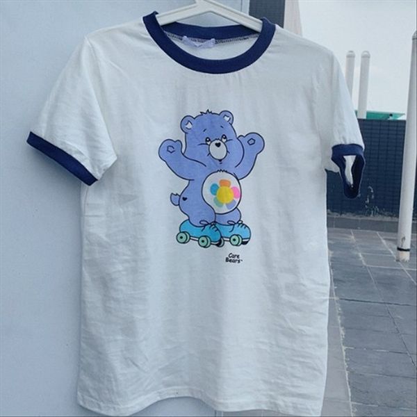 

han tuo chao brand chic summer girl academic style bear flower printing color matching collar short-sleeved t-shirt, White