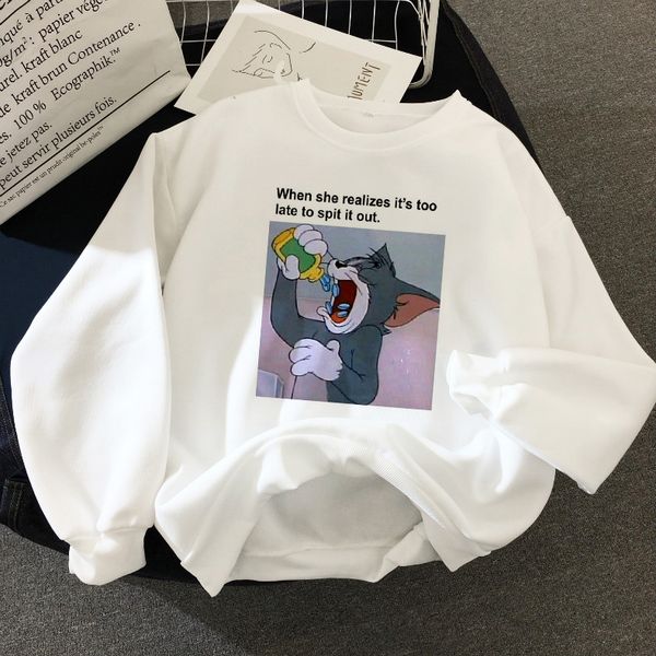 

cat winter new letter mouse print sweatshirt female harajuku long sleeve loose cartoon spoof funny casual sweatshirt, Black