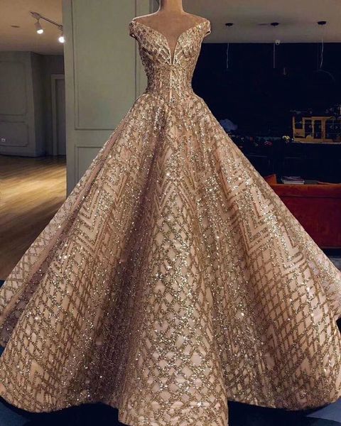 

2019 New Arrival Gold Sequined Evening Gowns V Neck Formal Wear Party Dress Evening Dresses Plus Size Abendkleider robe de soiree