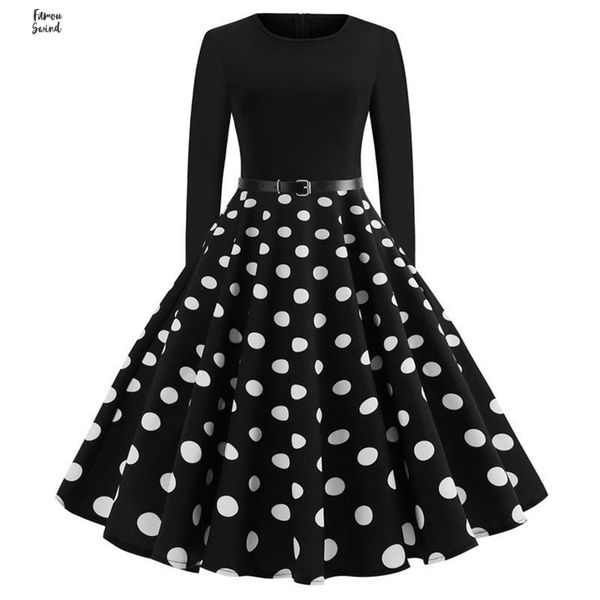 

polka dress white dot women long sleeve robe hiver vintage 50s rockabilly gothic pin belt summer dresses with designer clothes, Black;gray