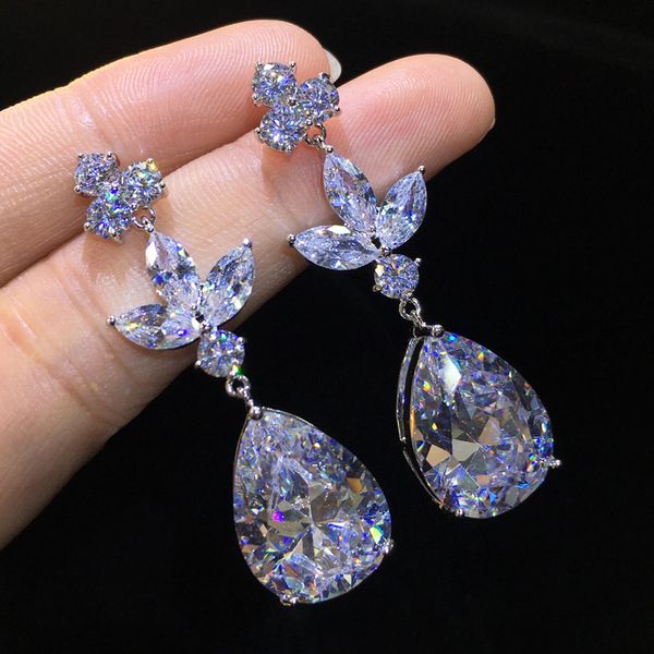 

ricki white color flower shape zircon water drop crystal drop earrings for women bridal wedding long earrings jewelry sr071, Silver