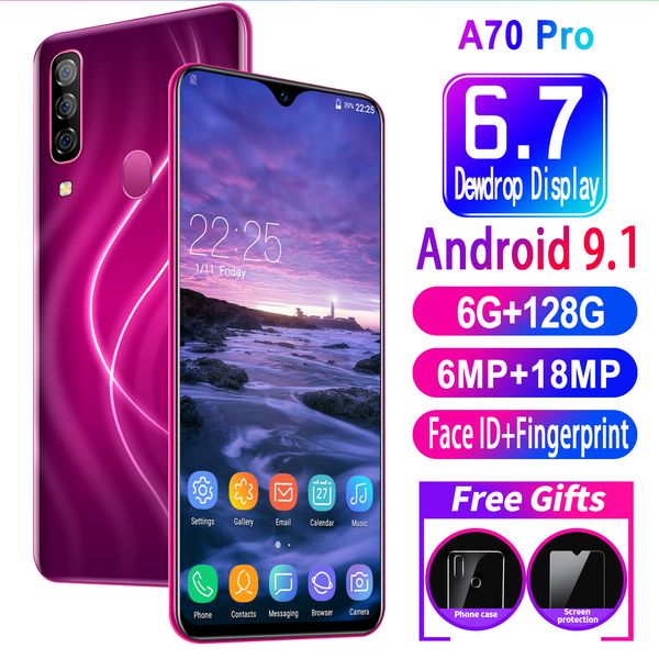 

universal a70 pro 6gb ram+128gb rom water drop screen full screen ultra-thin smart 4g mobile 6.7inch phone face/fingerprint unlock cellphone