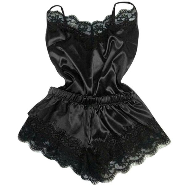 

women's sleepwear satin pajama set black lace v-neck pyjamas sleeveless cute and short pijama mujer, White