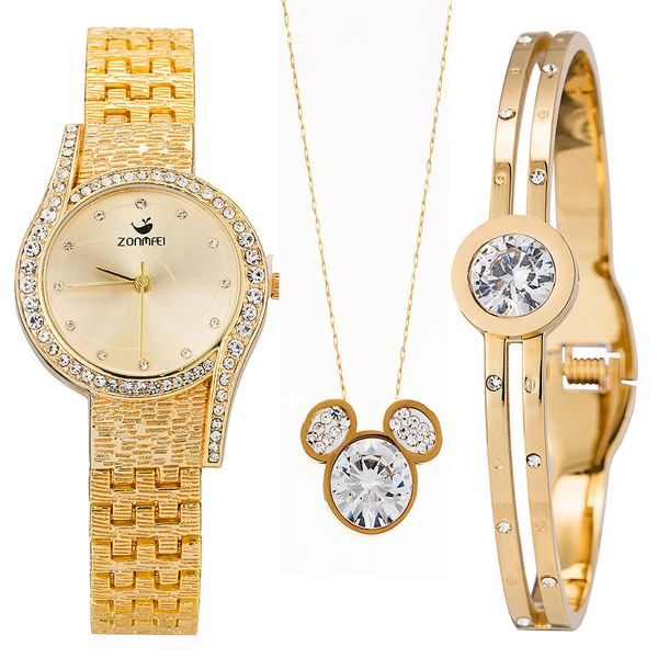

plated gold rhinestones watches women bracelet/necklace ziron pedant stainless steel set with gift box, Slivery;brown