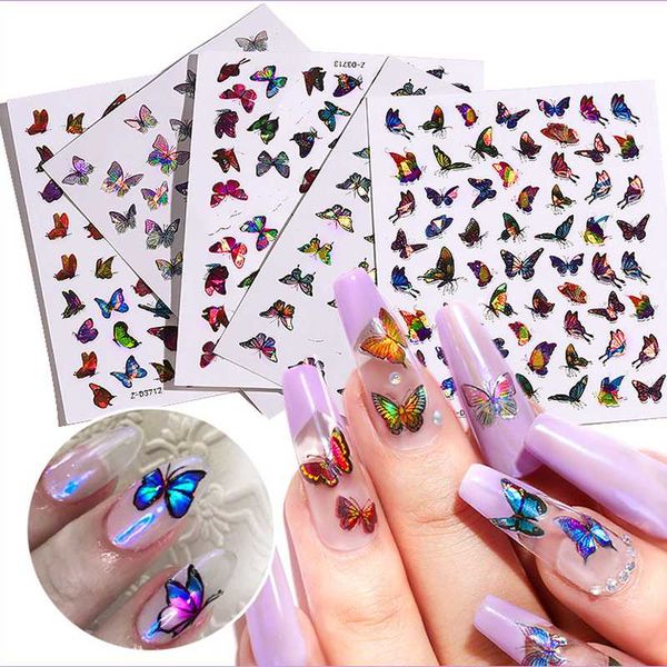 

1sheet laser color butterfly nail art stickers holographic 3d gradient butterflies adhesive nail decals diy manicure decorations, Black
