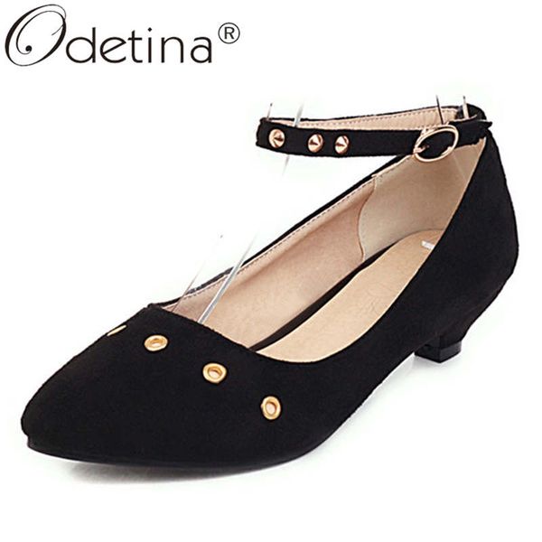 

odetina women new buckle strap block thick mid heel mary janes pumps female faux suede rivet ankle strap almond toe casual pumps, Black