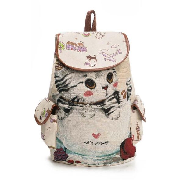 

women cute cat printing canvas drawstring backpack shopping bag travel bag