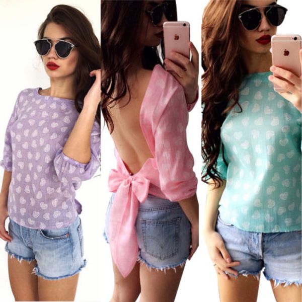 

NEW Fashion Womens Summer Loose LOVE Print V-Neck Bowknot Tops Long Sleeve Blouse Shirts Casual Tops Outwear Clothes Outfits