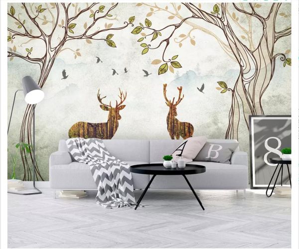 

3d custom wall papers home decor p wallpaper nordic hand-painted cartoon tree elk idyllic mural living room sofa tv background wall