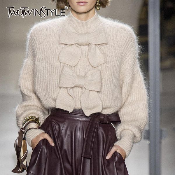 

twotwinstyle elegant bow women's sweater turtleneck lantern sleeve solid pullovers sweaters female 2019 fashion autumn new, White;black