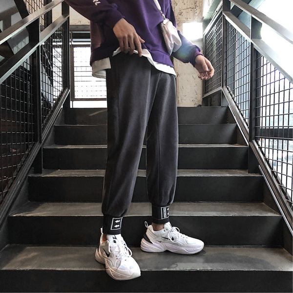 

2019 summer new korean version of the tide male college wind comfortable solid color sports beam casual pants, Black