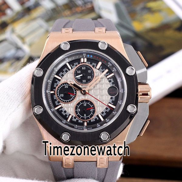 

new royal 26568pm two tone pvd rose gold black inner gray texture dial vk quartz chronograph mens watch gray rubber timezonewatch e64a1, Slivery;brown